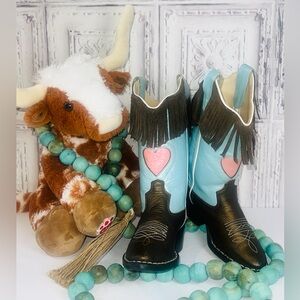 OLD WEST💗Little Girl Sz 10.5 Cowboy Boot Leather Upper, Fringe, Blue Brown Pink